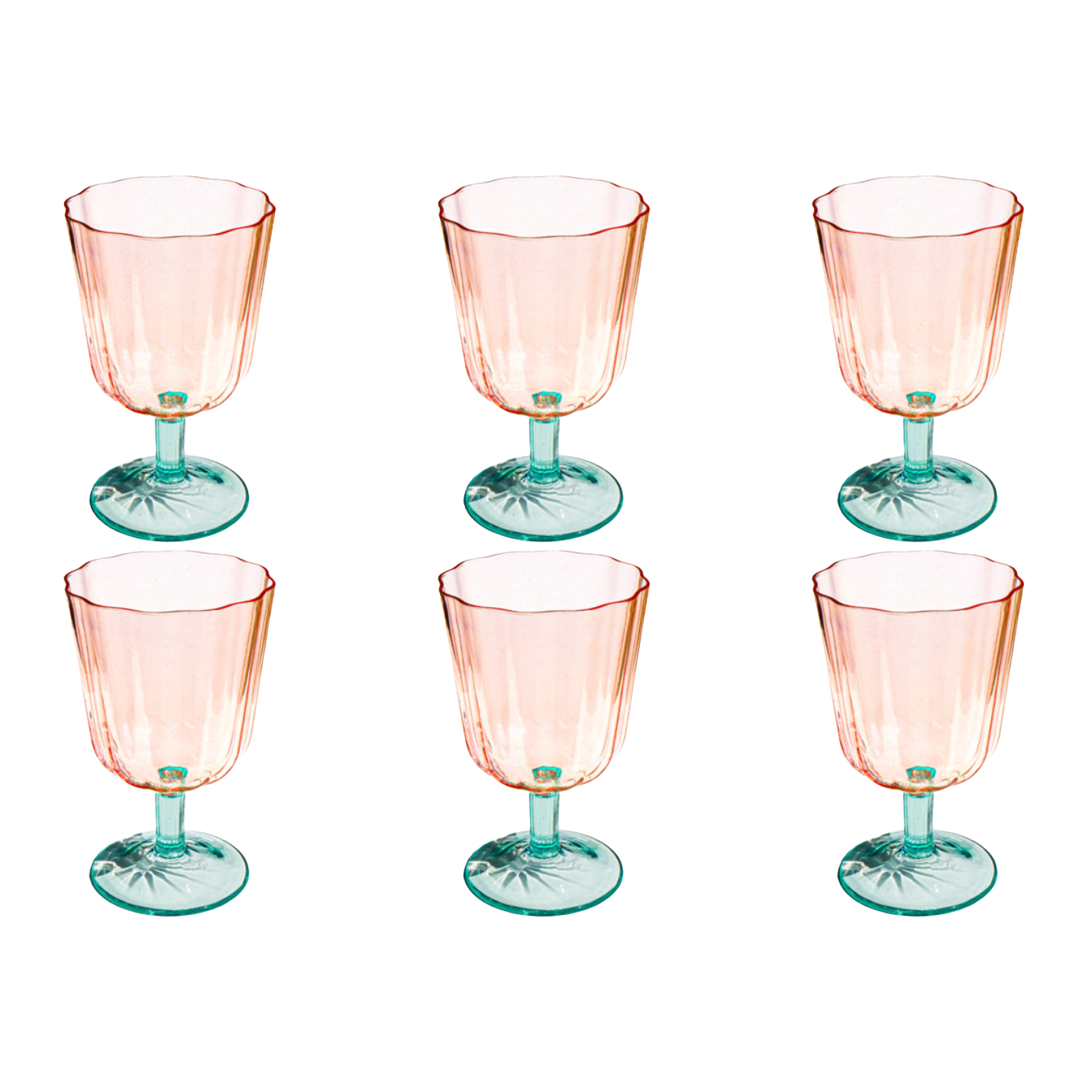 Pink scalloped wine glasses with green stems