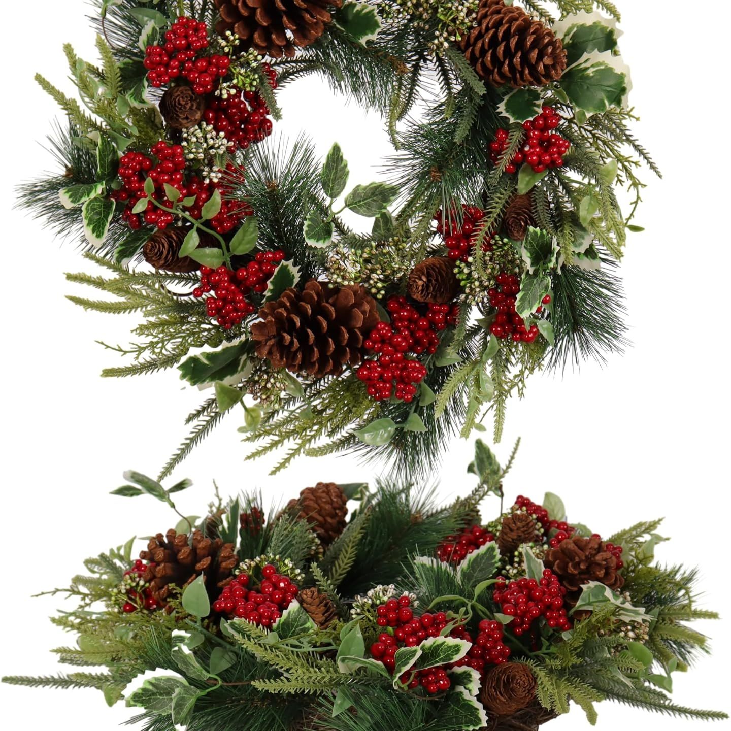Pudate Christmas Wreath for Front Door 22 In&amp;ndash; Artificial Pine With Red Berries and Pinecones, Full and Lush Holiday Door Decoration for Indoor/outdoor Use &amp;ndash; Handcrafted Festive Greenery Wreath