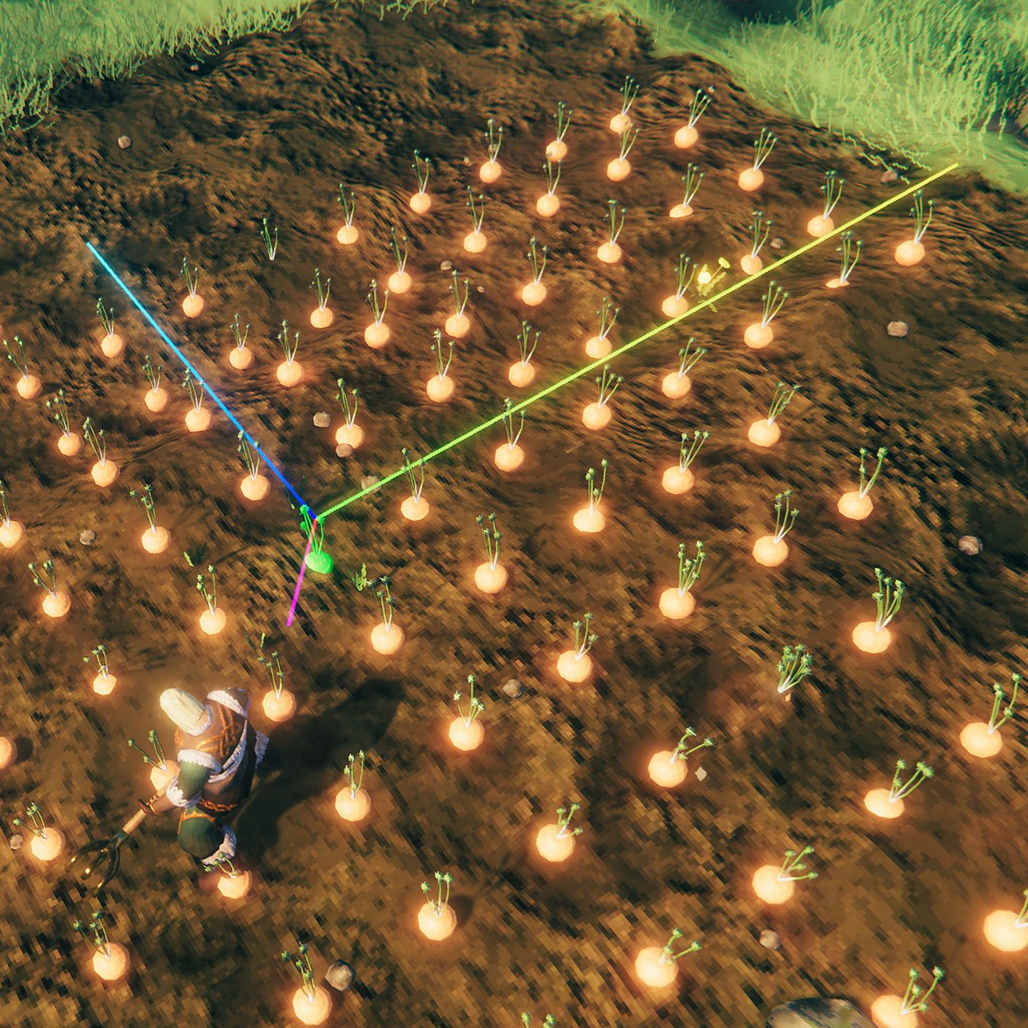 Valheim mod - A field with yellow, blue, and pink gridlines highlighting where to plant