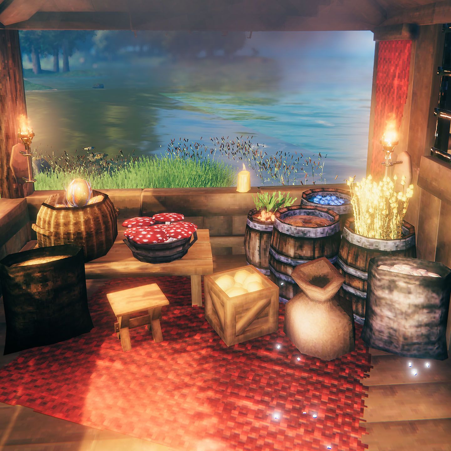 Valheim mod - A cluster of barrels and rucksacks in a kitchen