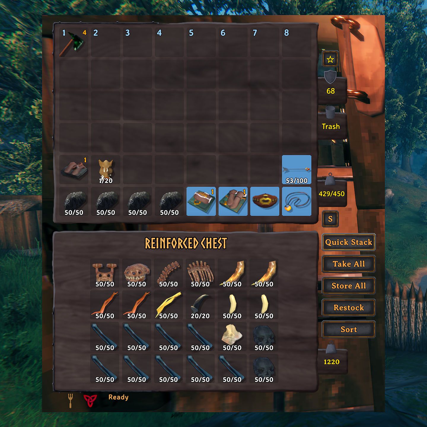Valheim mod - Additional buttons for Quick Stack, Take All, Store All, Restock, and Sort in a chest.