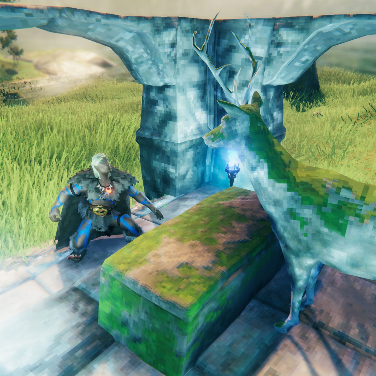 Valheim - Modded location with a stone deer standing over a mossy chest. A crouched viking is just in front of both.