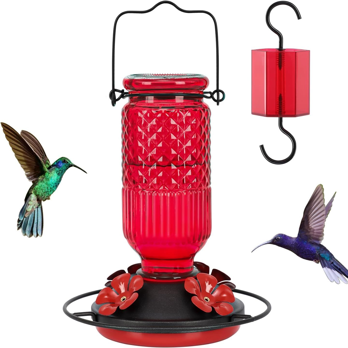 Feed Garden Glass Hummingbird Feeder for Outdoors Hanging, 16 Oz Humming Birds Feeders With 4 Bee Guard Feeding Ports &amp;amp; Built-In Ant Moat, Bird Feeder for Outside, Gifts for Women Mom, Red