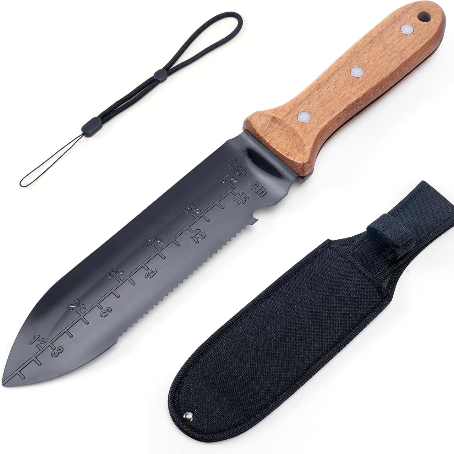 Yang Hori Hori Garden Knife, 7" Stainless Steel Gardening Knife With Oxford Cloth Sheath, Full Tang Beechwood Handle Garden Tool for Digging, Planting &amp;amp; Weeding, Pointed Tip for Hard Soil