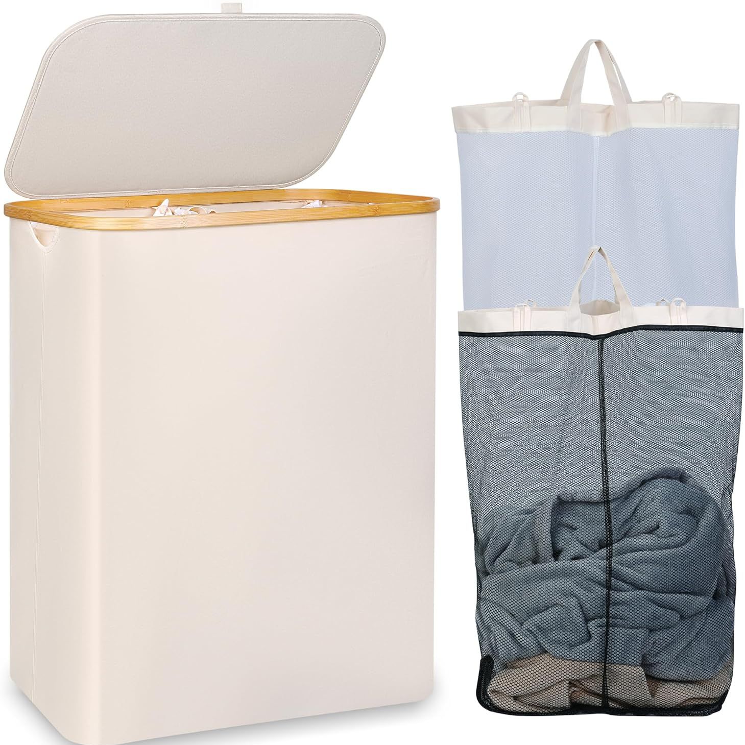 Iegrow Washing Basket for Laundry 150l Xl－extra Large 2 Compartments Laundry Basket With Bamboo Handle and Lid, Dirty Clothes Storage Folable Laundry Hamper for Clothes Toys Towels (beige)