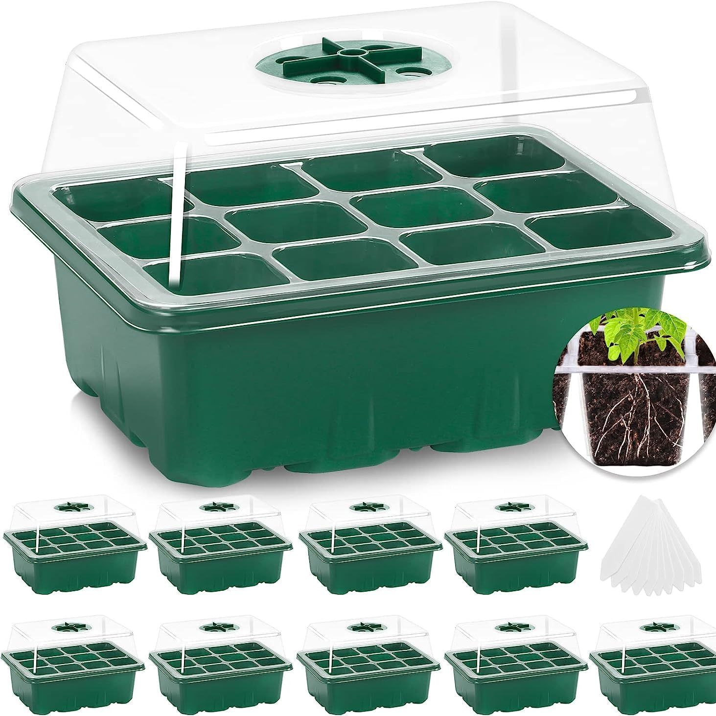 Mixc 10 Packs Seed Starter Tray Seed Starter Kit With Humidity Dome (120 Cells Total Tray) Seed Starting Trays Plant Starter Kit and Base Mini Greenhouse Germination Kit for Seeds Growing Starting