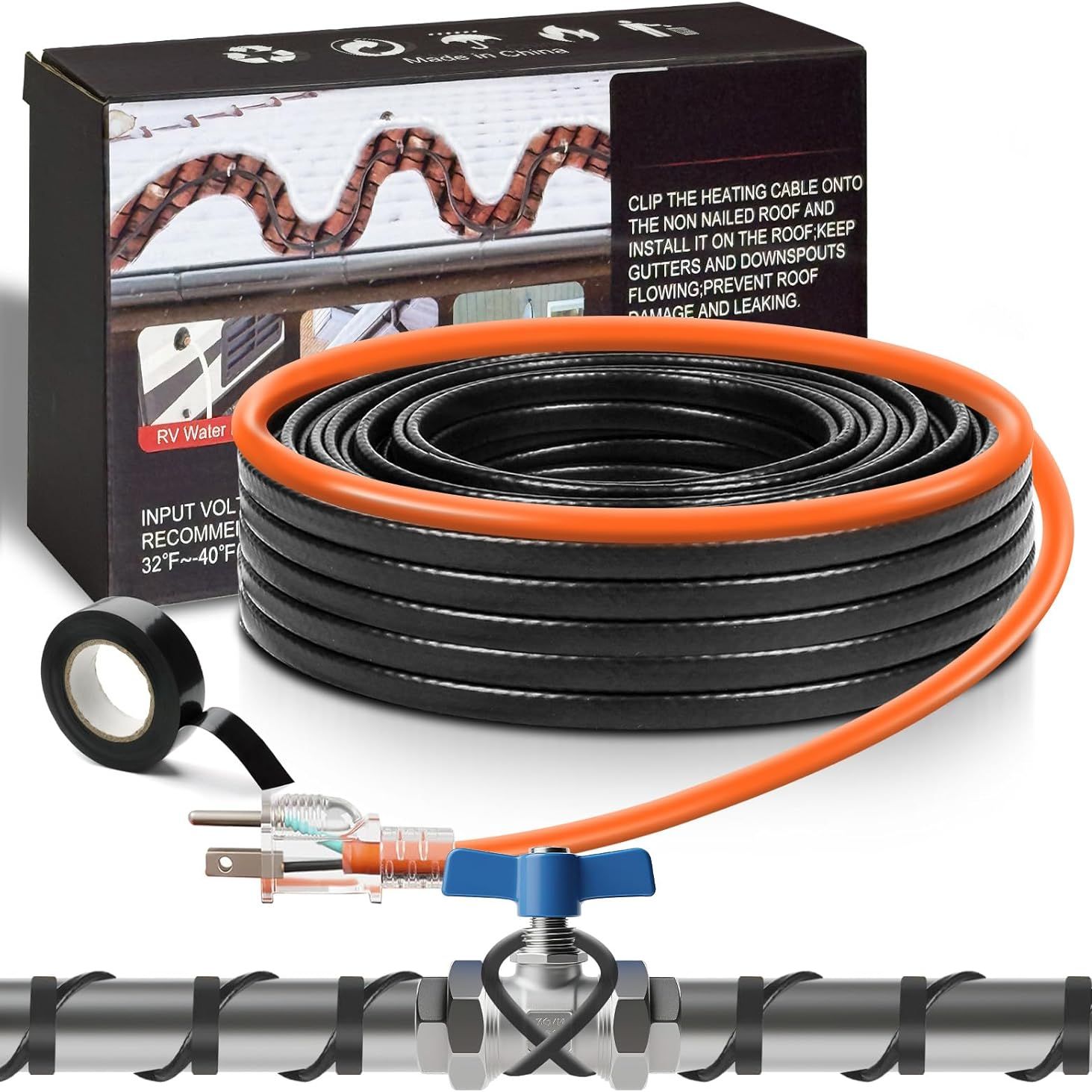 15ft(3ft~160ft) Water Pipe Heat Cable for Pipe Freeze Protection, Pipe Heating Cable for Metal and Plastic Home Pipes, Energy-Saving Heat Trace Cable Keeps Water Flowing, 120v 5w/ft