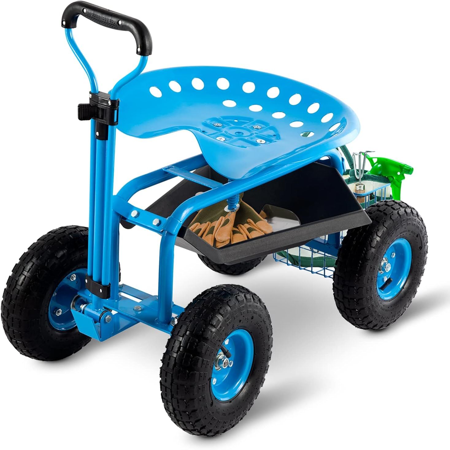 Rolling Garden Cart With Workseat - Heavy Duty Scooter With Handle and Storage Gardening Stool, 360 Degree Swivel Seat for Seniors Garden Cart on Wheel,blue