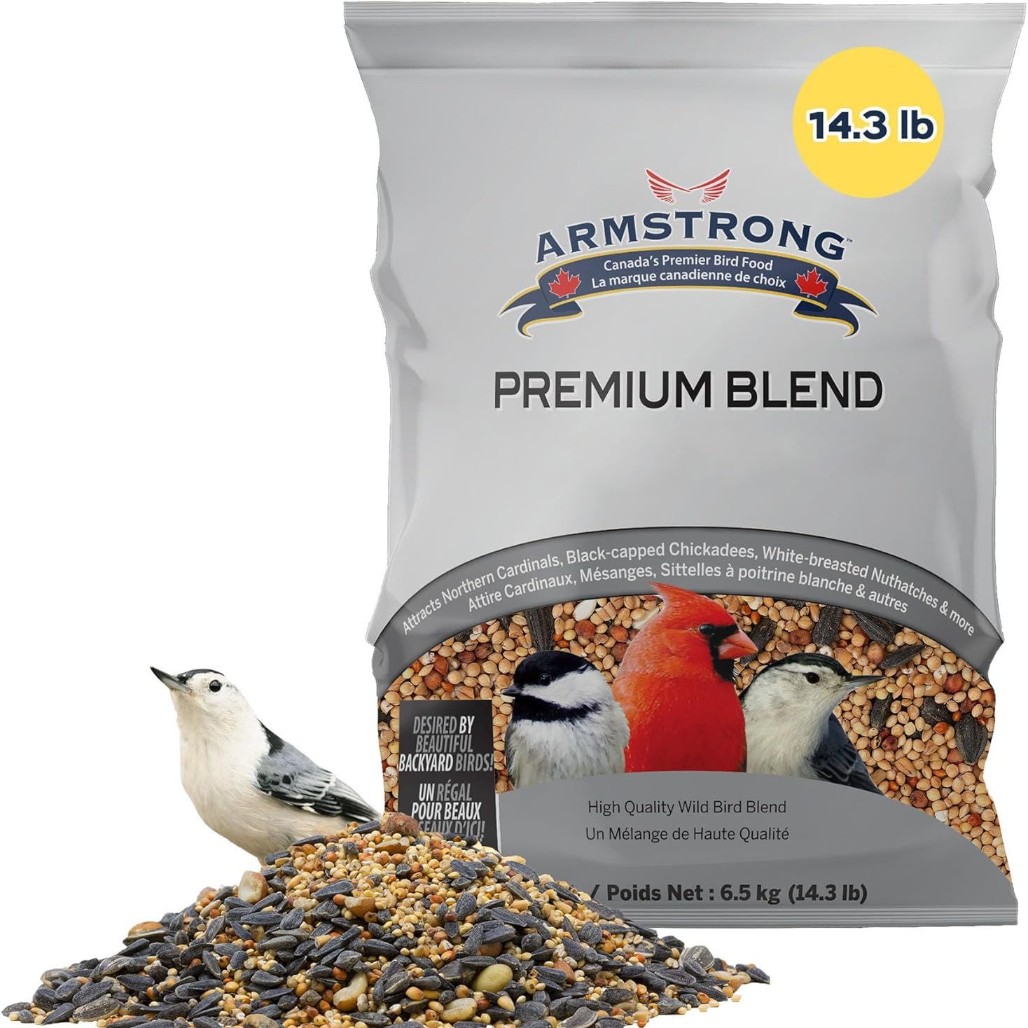 Armstrong Wild Bird Food Premium Blend, 30.8 Pounds - With White Millet, Black Oil Sunflower, Wheat, Peanuts, Striped Sunflower and Safflower for Northern Cardinals and Black-Capped Chickadees