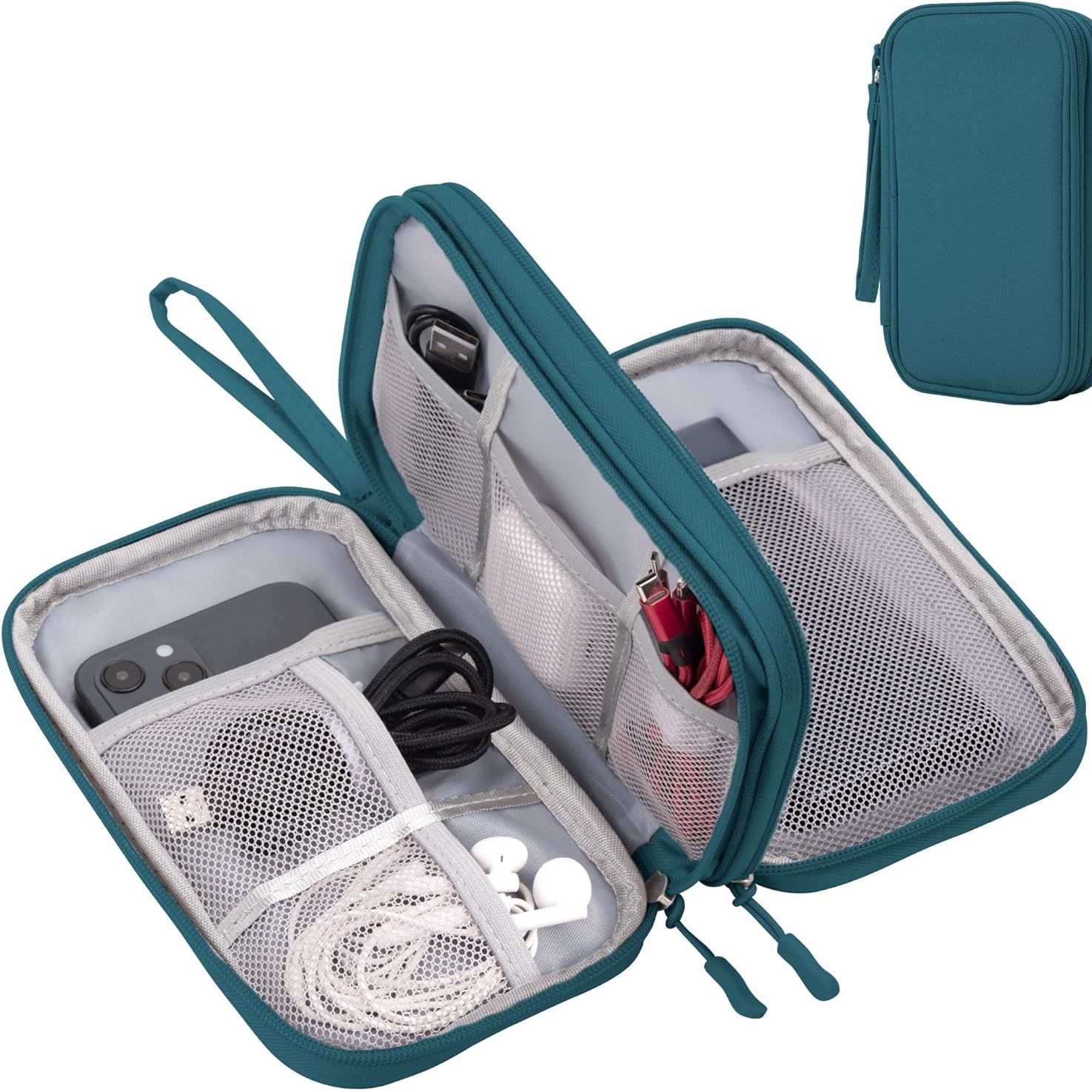 Arae Electronic Accessories Organizer, Travel Essentials Cable Bag With Double-Layer Storage for Cables, Cards, Chargers - Dark Green, M