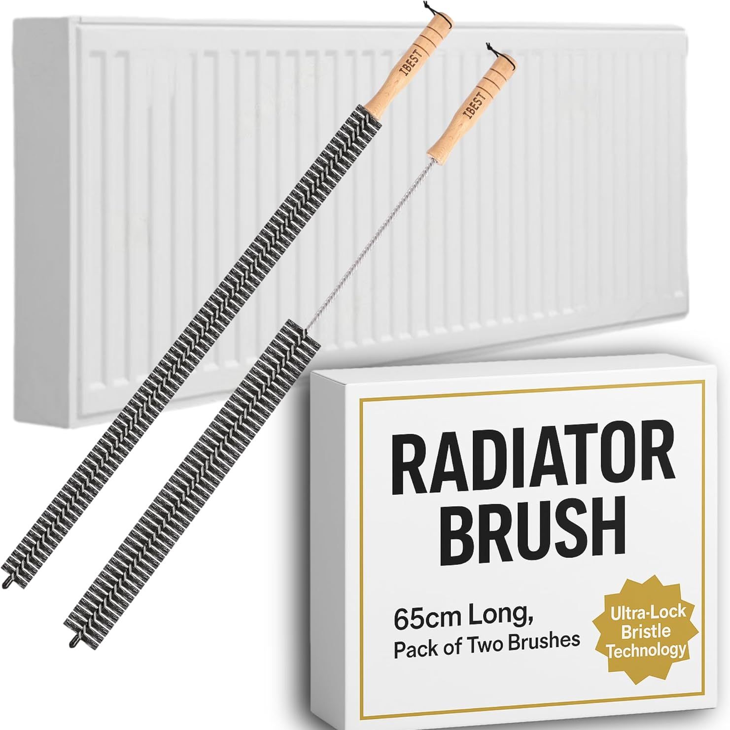 Radiator Brush With Wooden Handle | Pack of 2 Radiator Cleaner Brush With Hanging Hook Loop | Multi-Purpose, Flexible, Thin, 65cm Long | Efficient and Easy Cleaning of Home and Office (black)