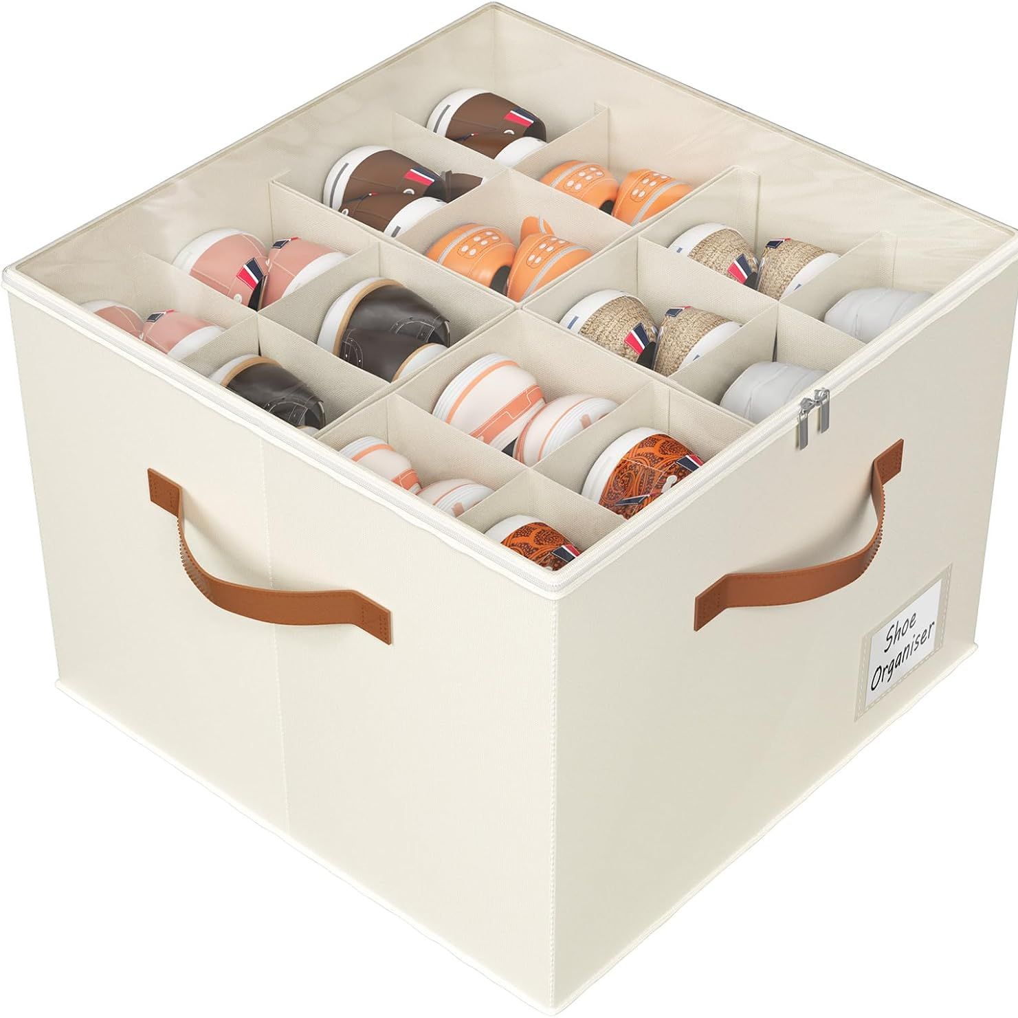Storivo Shoe Organiser - Shoe Storage Organiser Box With Zipable Clear Cover, Adjustable Dividers Shoes Boxes Storage Fits16 Pairs - for Boots Heels Sneakers - White