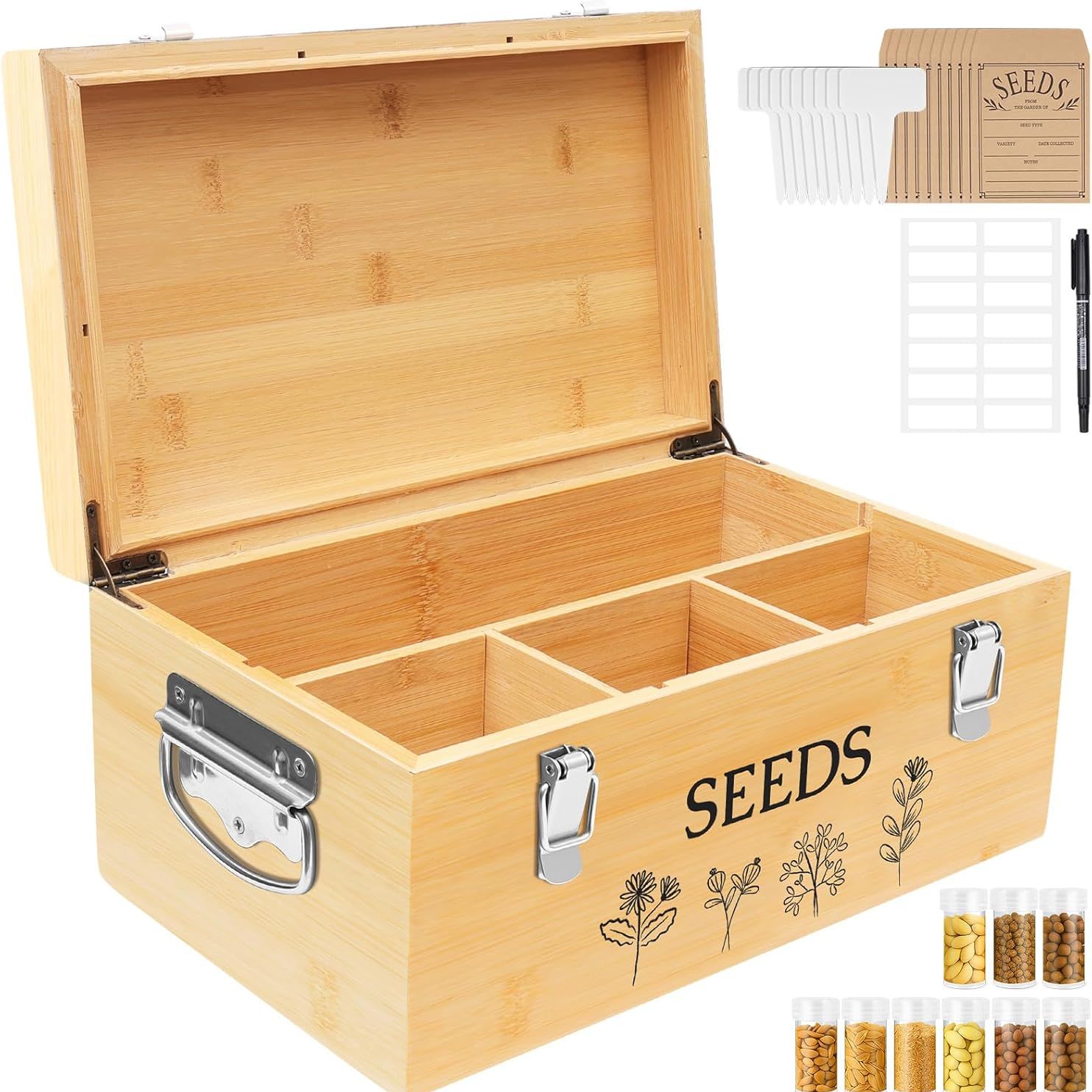 Intarsio Large Bamboo Wood Seed Storage Organizer Box With Lid,double-Layer Seal Design Seed Saving Box With 304 Stainless Steel Safety Lock,handles,extra Seed Envelopes and Labels (wood)