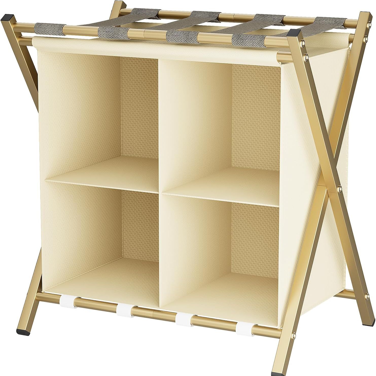 Huhote Luggage Rack With Storage, Metal Folding Suitcase Stand Portable Luggage Racks for Bedroom, 2 Tier Suitcase Luggage Travel Chest Storage Stand for Home Bedroom, 1 X Golden