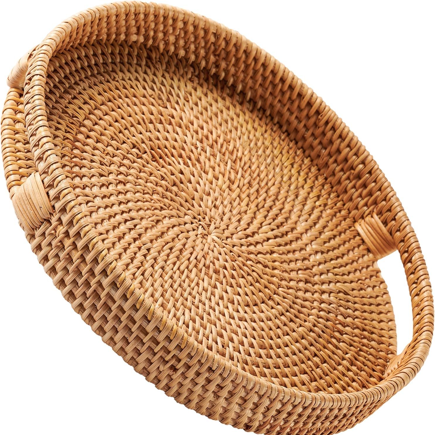 Rattan Serving Tray 34cm / 13.8&quot; &amp;bull; Woven Serving Trays With Handles for Home by Jungle Culture&amp;reg; &amp;bull; Round Coffee Table Tray &amp;bull; Wicker Serving Basket for Bread, Fruit, Candles &amp;bull; Natural Honey