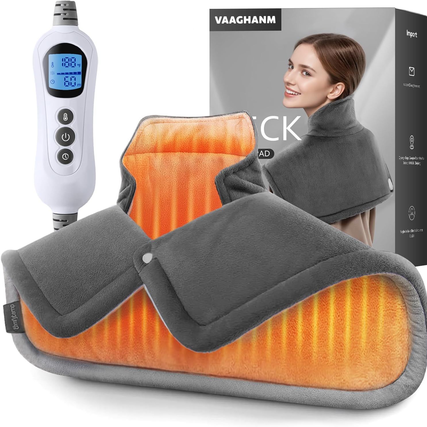 Vaaghanm Heating Pad: Electric Heat Pad for Pain Relief-Weighted Instant Heating Pads for Neck and Shoulders-6 Heat Options &amp;amp; 6 Auto Timer Mode-Gifts for Mom Women-Grey