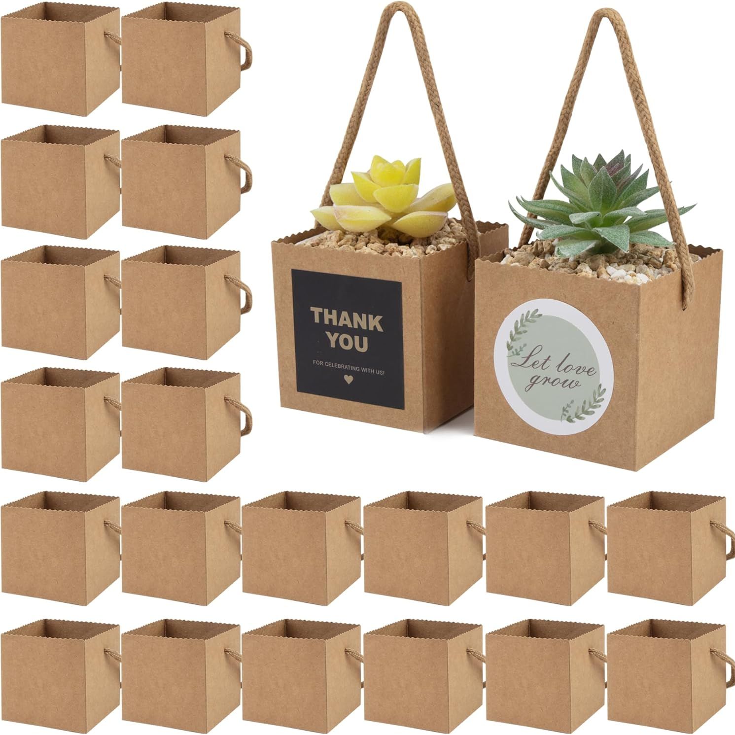 Temlum 2.5 Inch Succulent Wrap Bags (fits 2.5&amp;Prime; Pots) With Thank You &amp;amp; Let Love Grow Stickers, Small Gift Box for Wedding, Baby Shower, Succulent Party Favors for Guests (brown 40pcs)