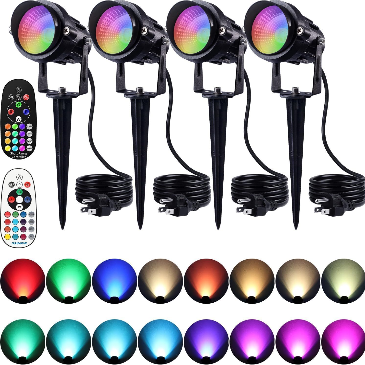 Sunvie Chrisrmas Spot Lights Outdoor 12w Rgbw Color Changing Landscape Lights With Remote Control 120v Rgb Landscape Lighting Waterproof Outdoor Spotlight for Yard Garden Patio Lawn Decorative, 4 Pack