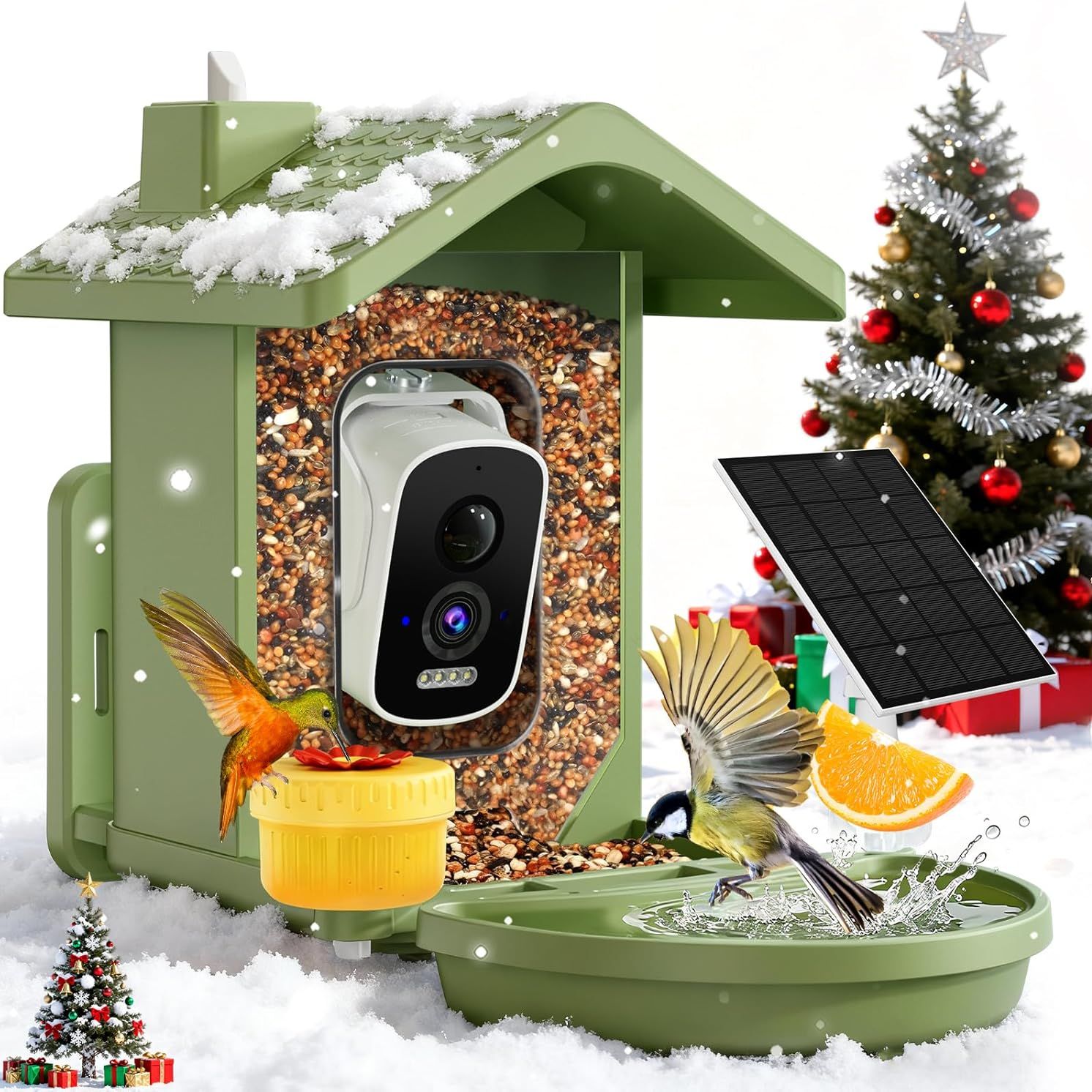 Smart Bird Feeder With Camera Solar Powered, Ai Birds Species Identification, 2.5k Hd Video Bird House With Camera for Outside, Weatherproof Design Ideal Gifts for Christmas, Bird Lovers, Green