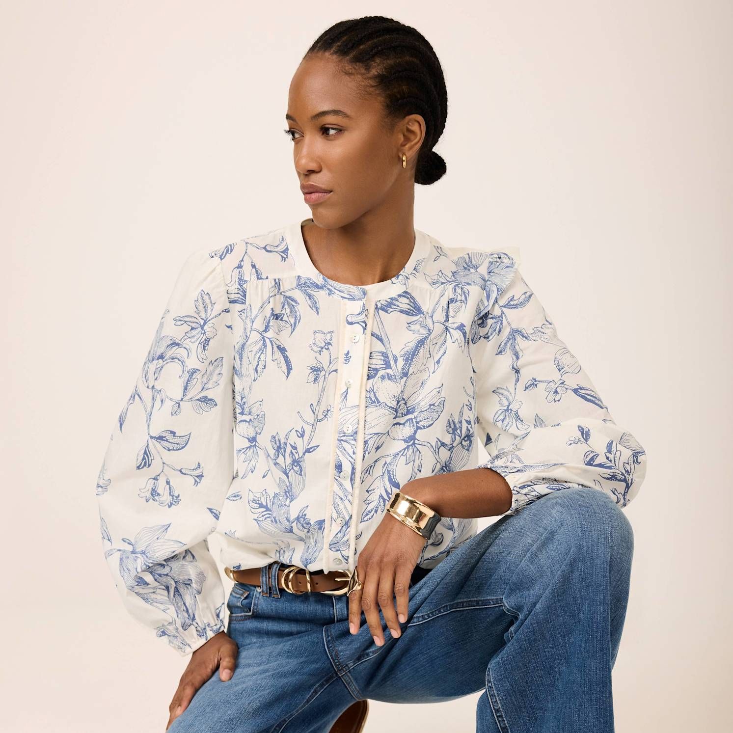 Blue Cotton Floral Print Blouse