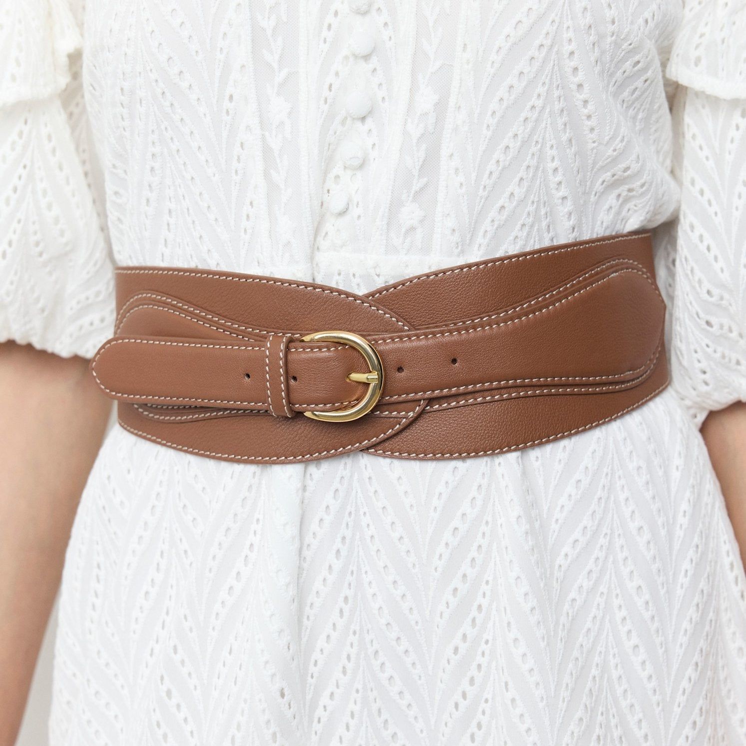 Tan Leather Wide Waist Belt