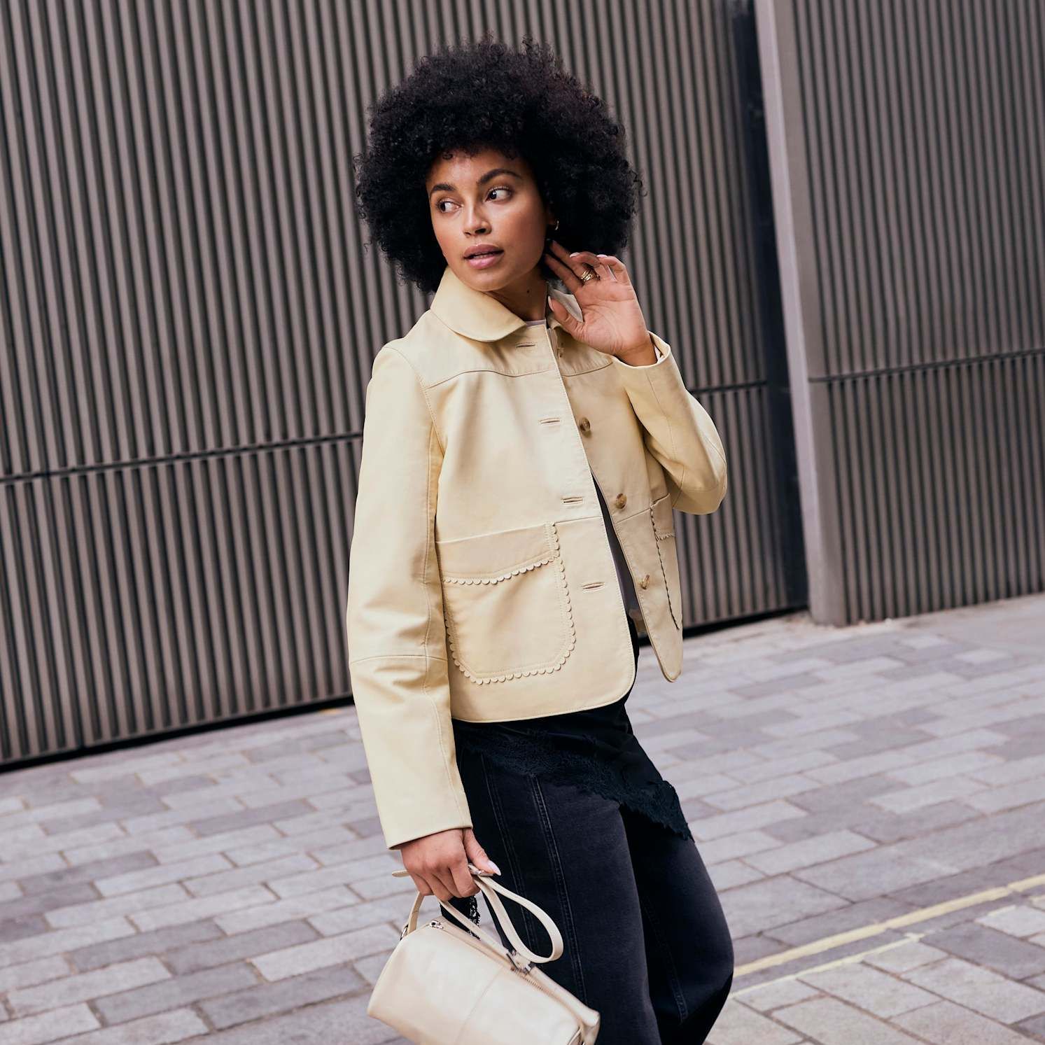 Butter Yellow Leather Scallop Detail Jacket