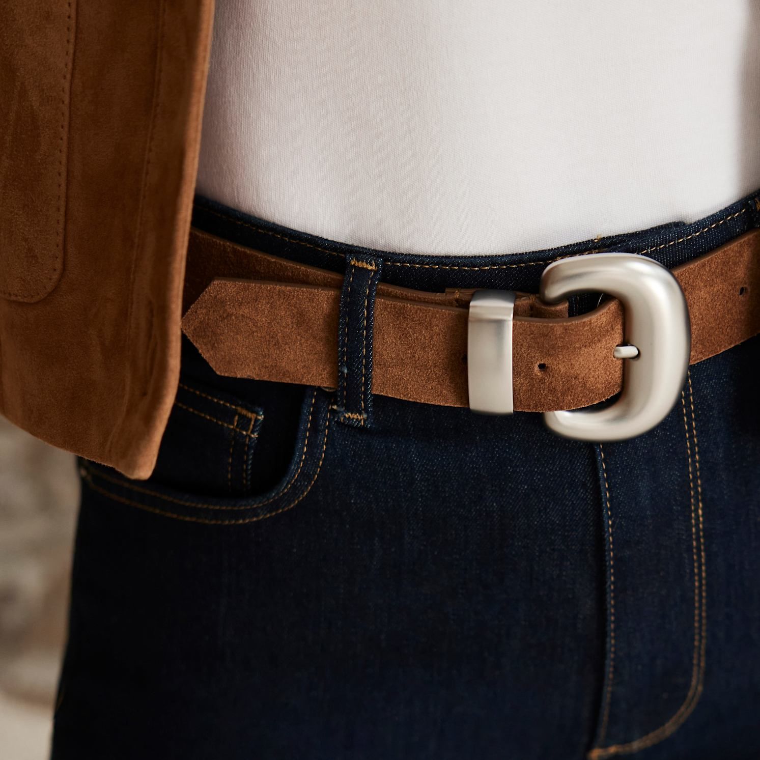 Tan Suede Statement Buckle Belt