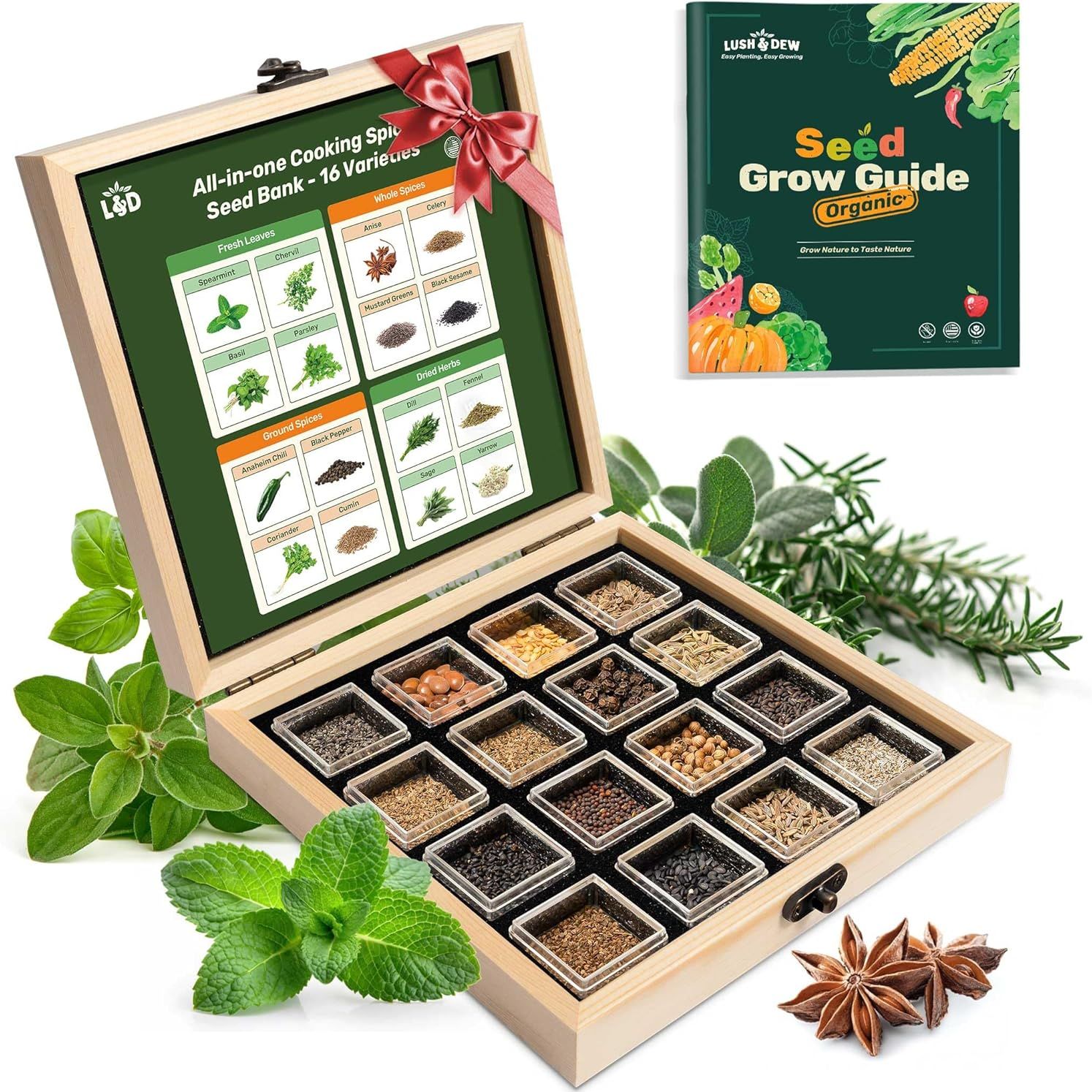 Lush&amp;amp;dew Culinary Herbs Kitchen Garden Heirloom Seed Bank, Gardening Gifts, 16 Varieties Non-Gmo Seeds for Planting Herb in Raised Garden Beds Windowsill, Survival Seed Kit, Cooking Spices Basil Dill