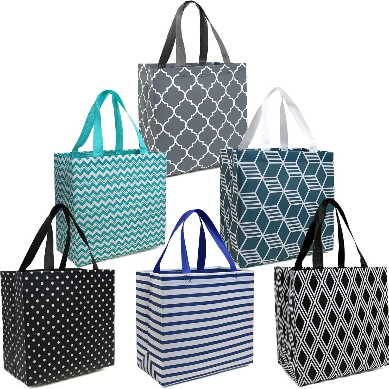 Beegreen 6-Pack Foldable Reusable Grocery Bags &amp;ndash; Large Cloth Tote Bag With Handles, Bulk Shopping- Bags in Geometric Design, Shopping Baskets, Utility Reusable Gift for Groceries