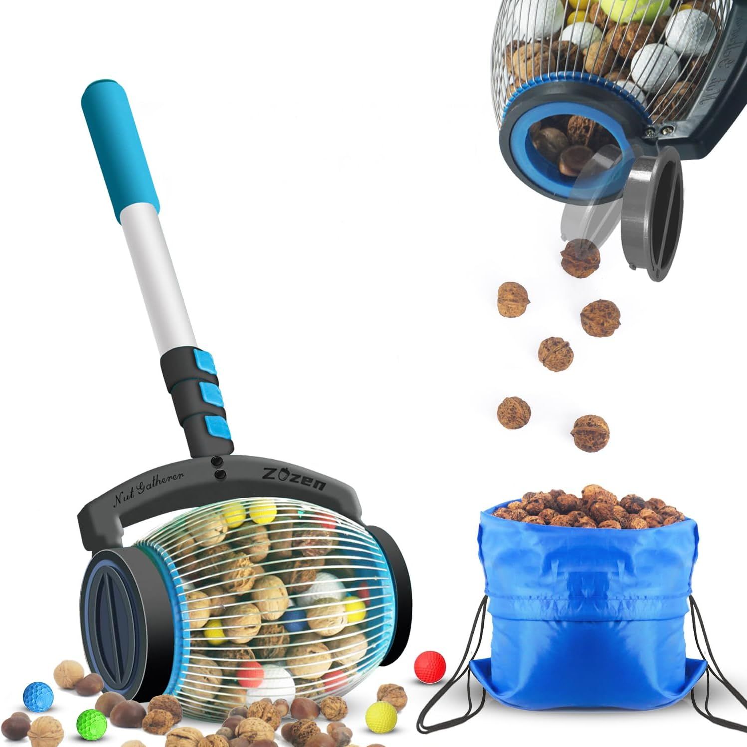 zozen, Zozen Nut Gatherer, Acorn Picker Upper, Pecan Picker Upper - Side Opening Dump, Apply to Acorns, Pecans, Buckeyes, Hickory Nuts, Nerf Balls, Golf Balls, Objects Size 3/8&#039;&#039; to 1&#039;&#039;; 1 Gallon