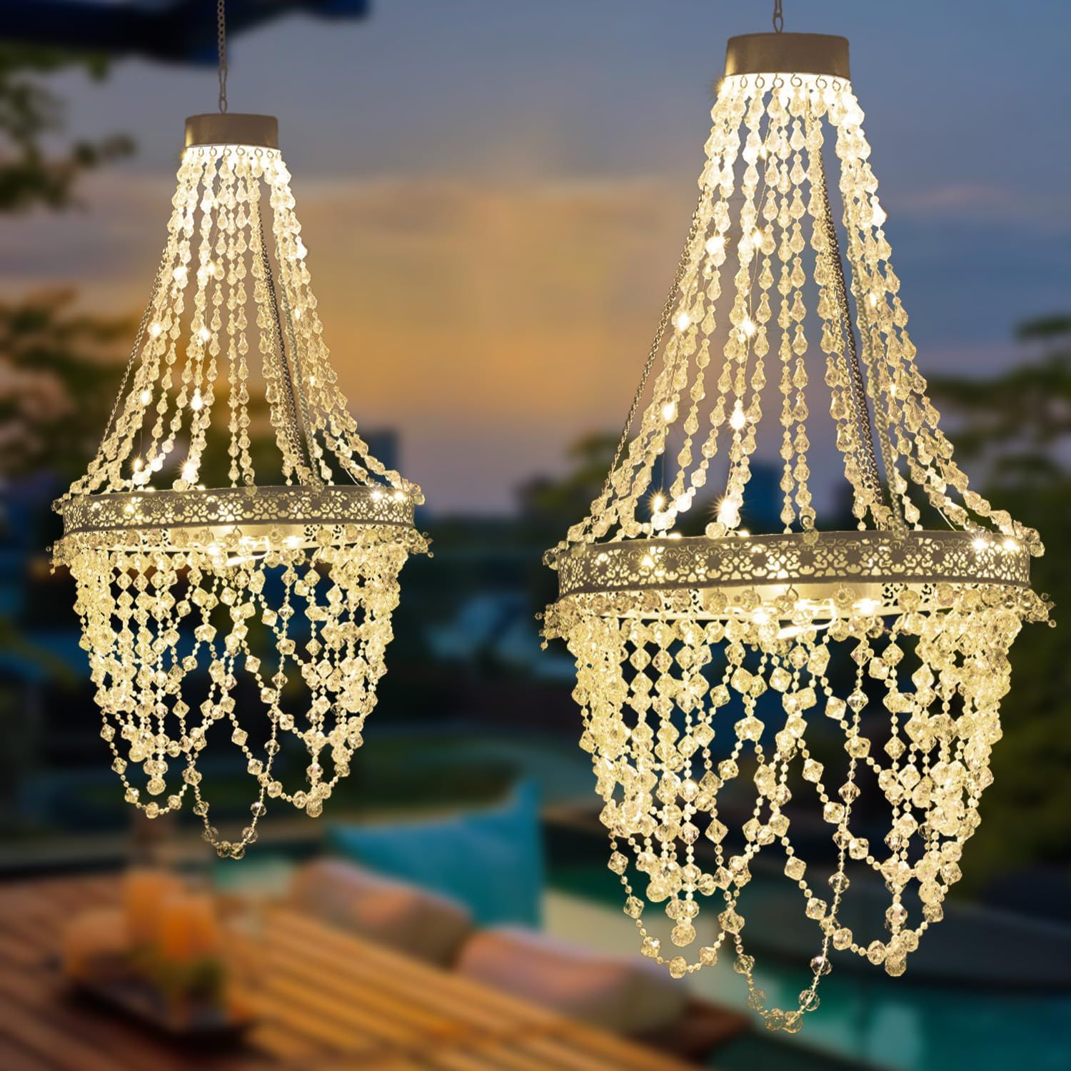 Solar Hanging Crystal Chandelier Outdoor Garden Decorative Lights Powerful Lithium Battery 54 Warm Leds Easy Hanging Waterproof Outdoor Lantern for Valentine Gifts Garden Gazebo, Party, Wedding,tree