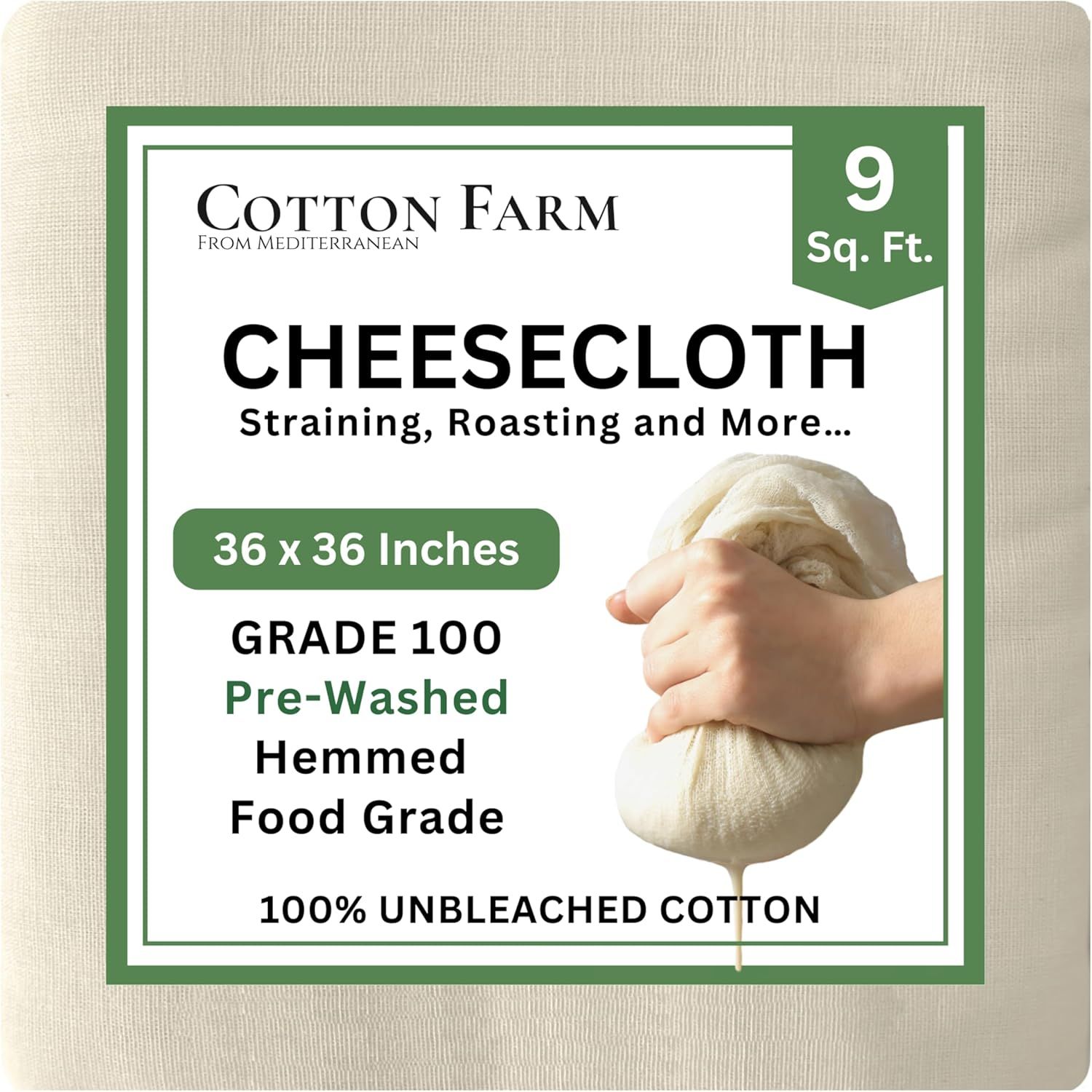 Cotton Farm Grade 100 Xl Cheese Cloth - Straining &amp;amp; More; 36x36 Inch; 100% Unbleached Cotton Cheesecloth; Reusable With Hemmed 2 Edges; Ultra-Dense (the Finest) Butter Muslin