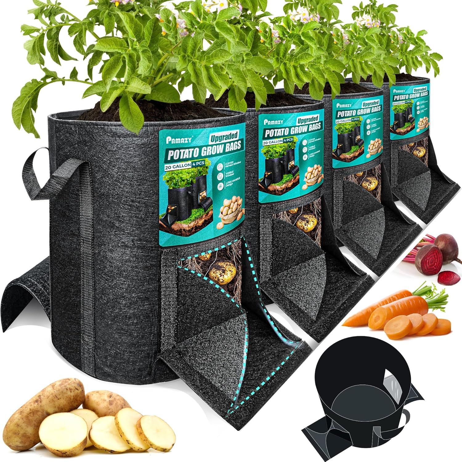 PAMAZY, [upgraded] 4pcs 20-Gallon Potato Grow Bags With Unique Harvest Window, Visible Window, Garden Planting Bag With Reinforced Handle, Nonwoven Fabric Pots for Tomato, Potato Growing Container - Black