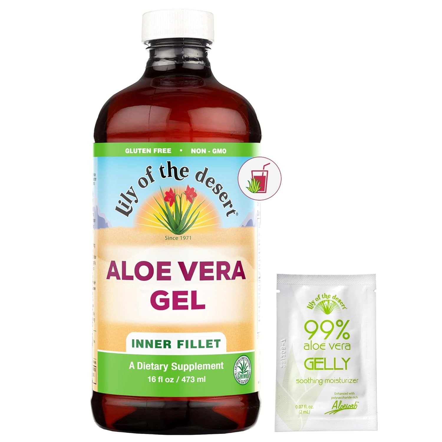 Lily of the Desert Aloe Vera Gel - Inner Fillet Filtered Aloe Vera Drink, Thicker Consistency,digestive Enzymes for Gut Health, Stomach Relief, Wellness Glowing Skin 16 Fl Oz Gelly Sachet Included.
