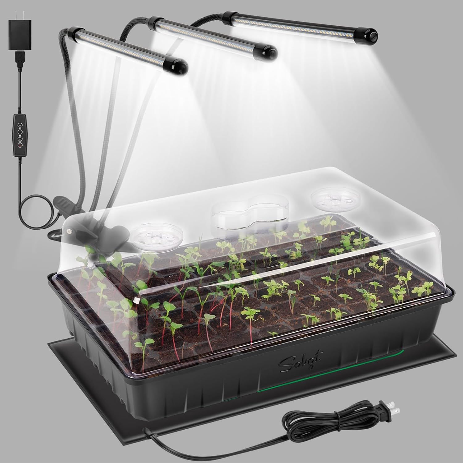 Soligt 60 Cell Seed Starter Kit With Grow Light and Heat Mat, Seed Starter Tray With Higher 4.3&amp;rdquo; Humidity Dome, Flexible Light Positioning for Seed Starting &amp;amp; Seedling Growth