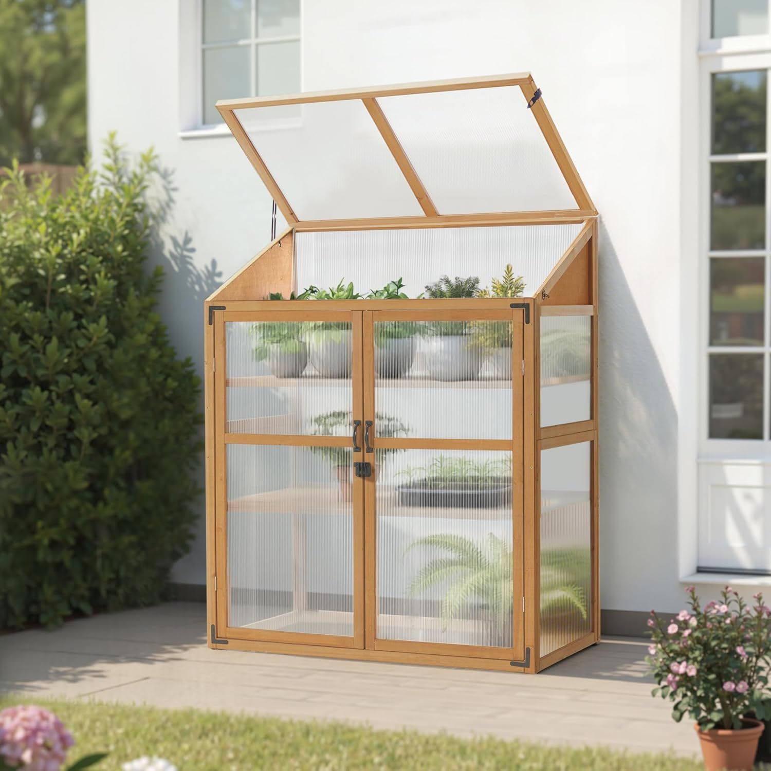 Macrout Cold Frame Greenhouse, Large Wooden Greenhouse Cabinet, Garden Cold Frame With Adjustable Shelves for Outdoor Indoor Use, 1344 (natural)