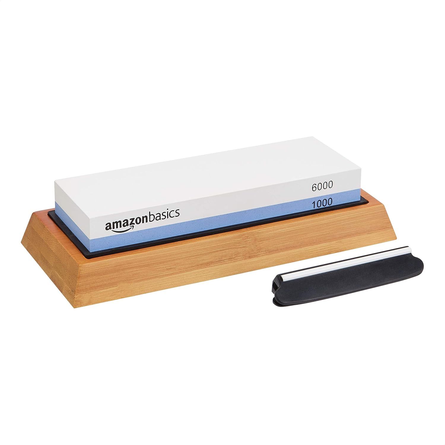 Amazon Basics Whetstone Knife Sharpening Wet Stone Dual Sided 1000/6000 Grit With Non-Slip 1 Pc, Bamboo Base, Black &amp;amp; Grey