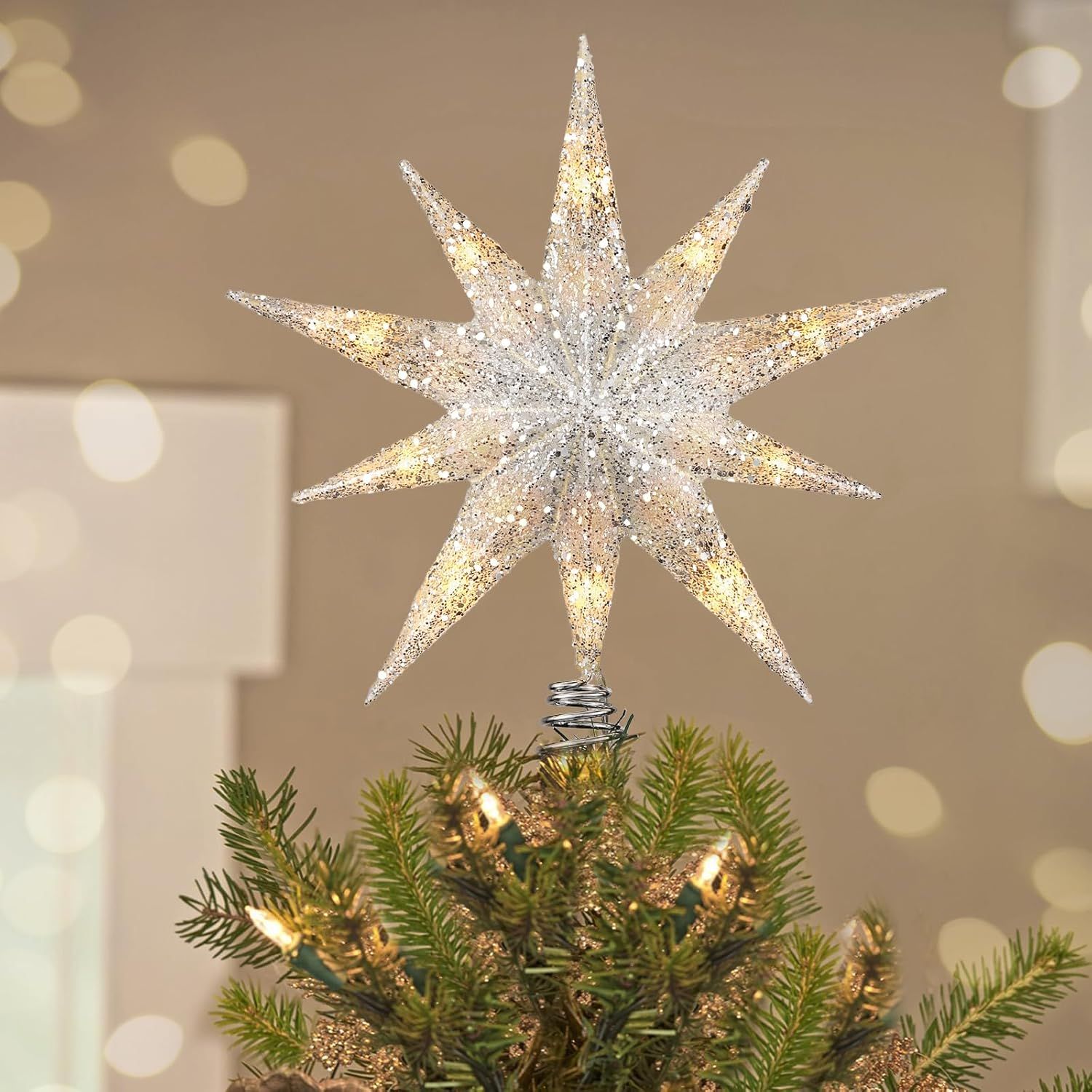 Luxspire Christmas Tree Topper, Lighted Star Tree Topper With Usb Plug-In &amp;amp; Remote Control, 9.8&quot; Christmas Tree Star Lights for Home Holiday Decor, 6h Timer &amp;amp; 8 Lighting Modes, Silver
