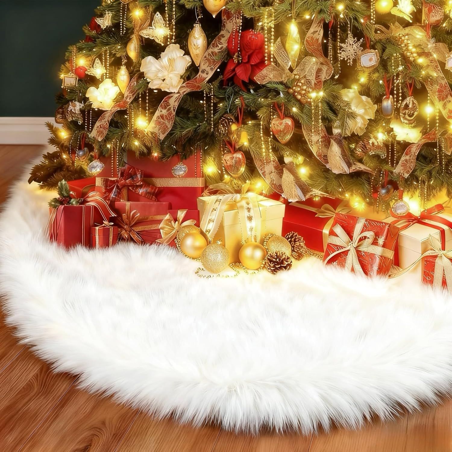 Christmas Tree Skirt, Deluxe 60&amp;#8239;inch Decoration Tree Skirt, White Faux Fur Soft Thick Plush Tree Base Cover, Large Round Area Mat for Home Merry Christmas Holiday Season Party