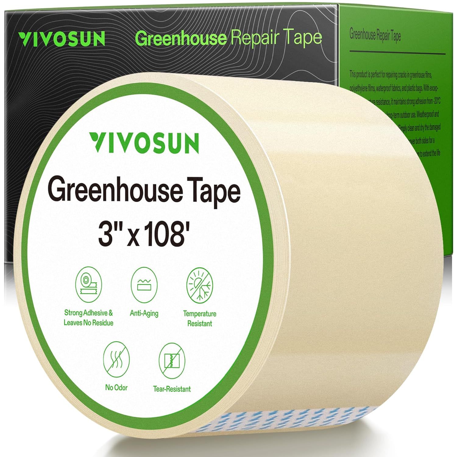 Vivosun Greenhouse Repair Tape, 6.3 Mil 3&amp;quot; X 108&#039; Weatherproof Clear Poly Patch Tape, Heavy Duty Greenhouse Sheeting Coverings Film Tape for Plastic Sheeting and Tents