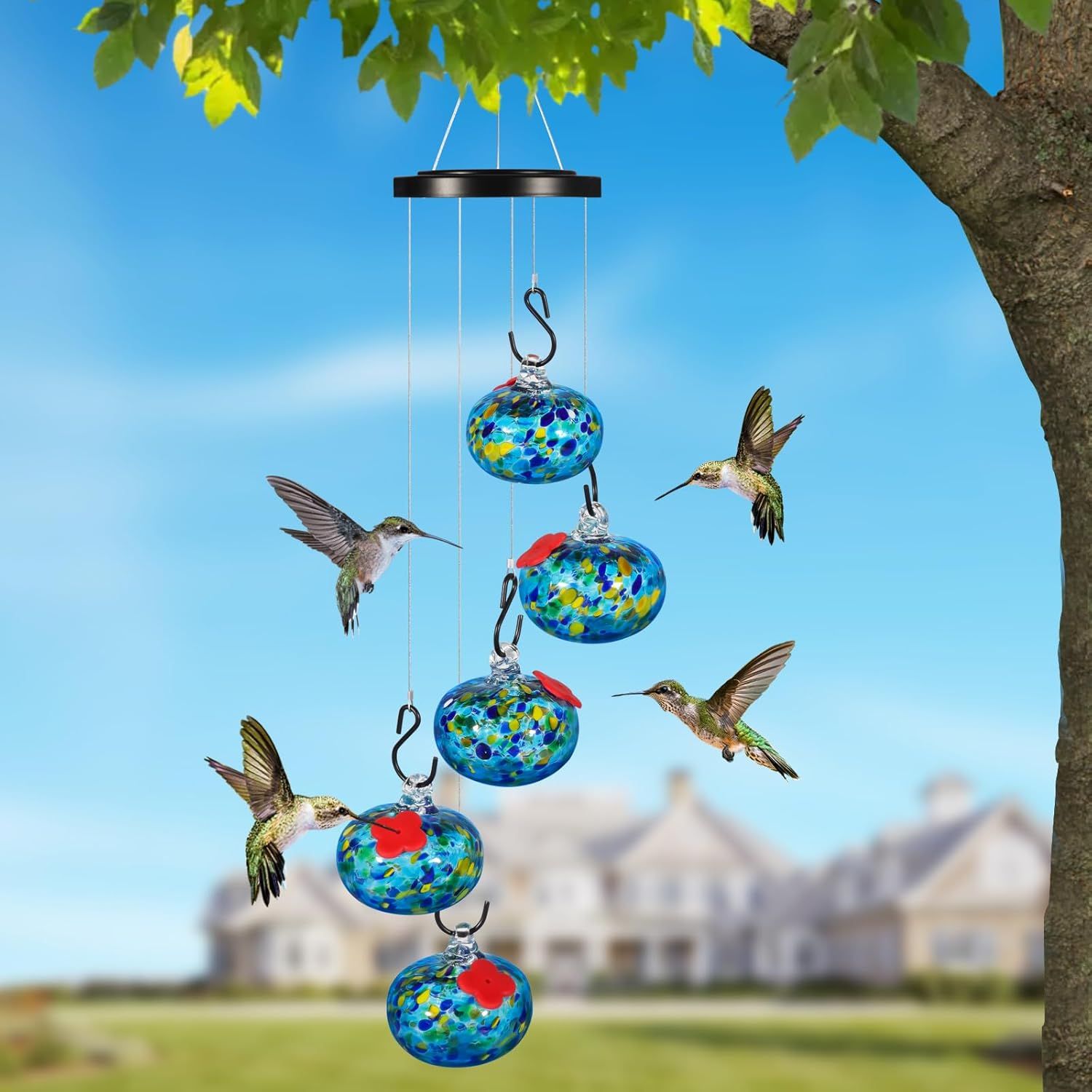 Glass Wind Chimes Hummingbird Feeders for Outdoors Hanging Birthday Gifts for Women Mom Grandma Colored Glass Balls Charming Wind Chimes Garden Decor Outside for Yard, Patio,backyard