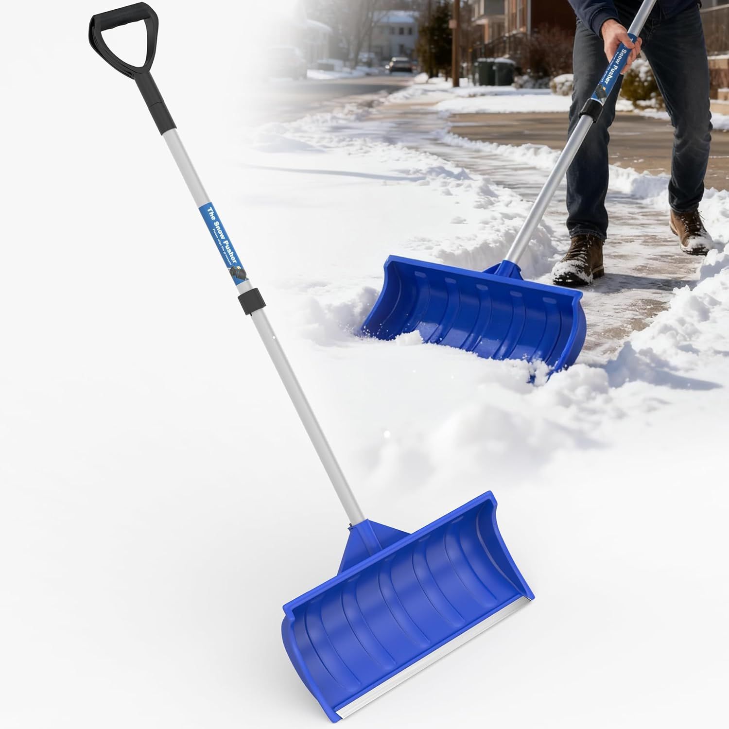 Snow Pusher Shovel for Driveway Car Garage, 24 Inch Snow Removal Plow With D-Grip Handle Aluminum Strip, Ergonomic Heavy Duty Wide Snow Shovel for Home Outdoor, Blue