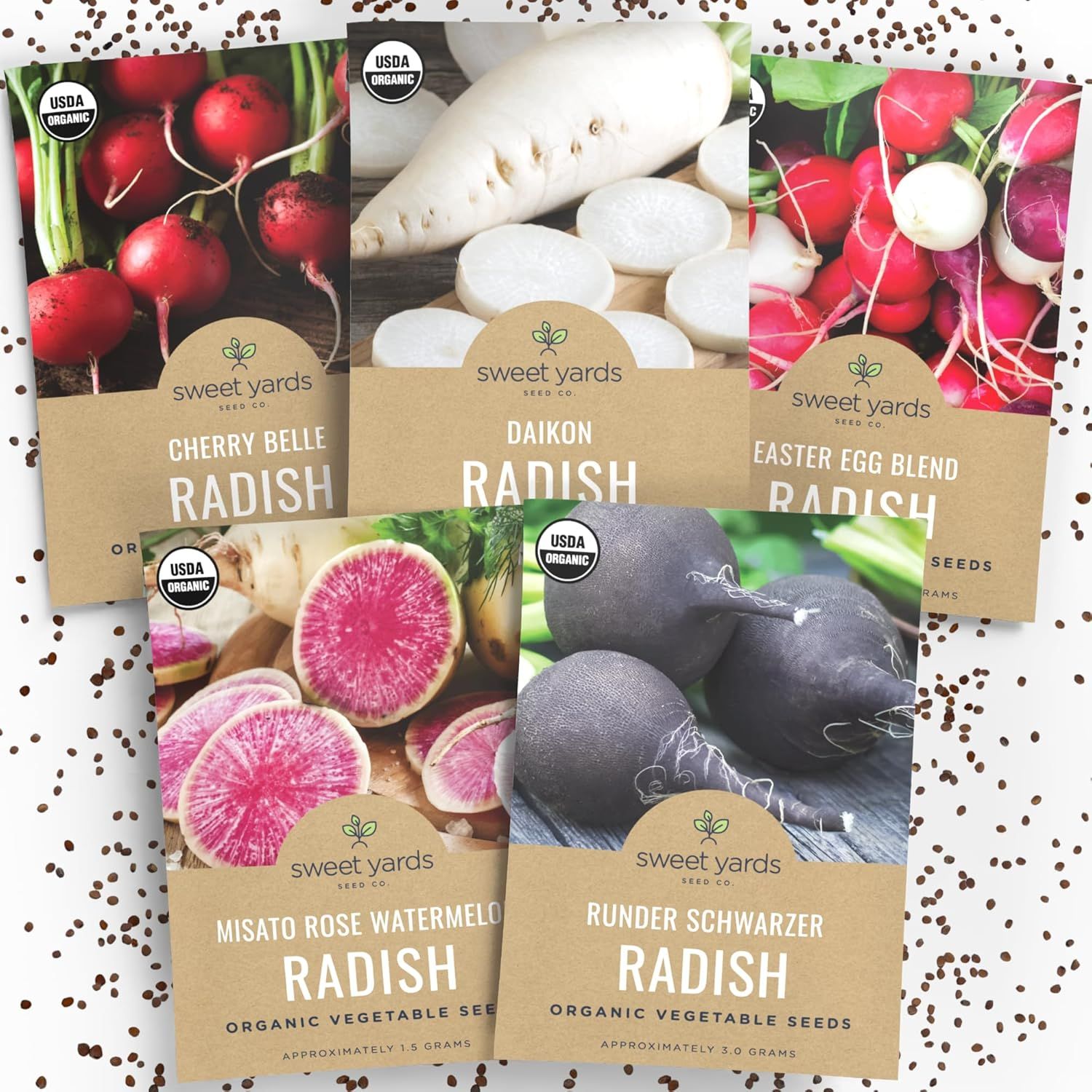 Organic Radish Seeds Variety Pack - 5 Individual Packs - 2025 Season - Cherry Belle, Easter Egg, Misato Rose and More! for Indoor &amp;amp; Outdoor Planting (non-Gmo, Certified Organic)