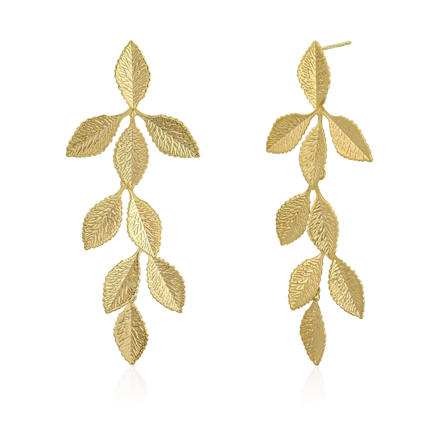 Statement Leaf Drop Earrings for Women, 14k Gold-Plated Dangle Studs, Hypoallergenic Fashion Jewellery