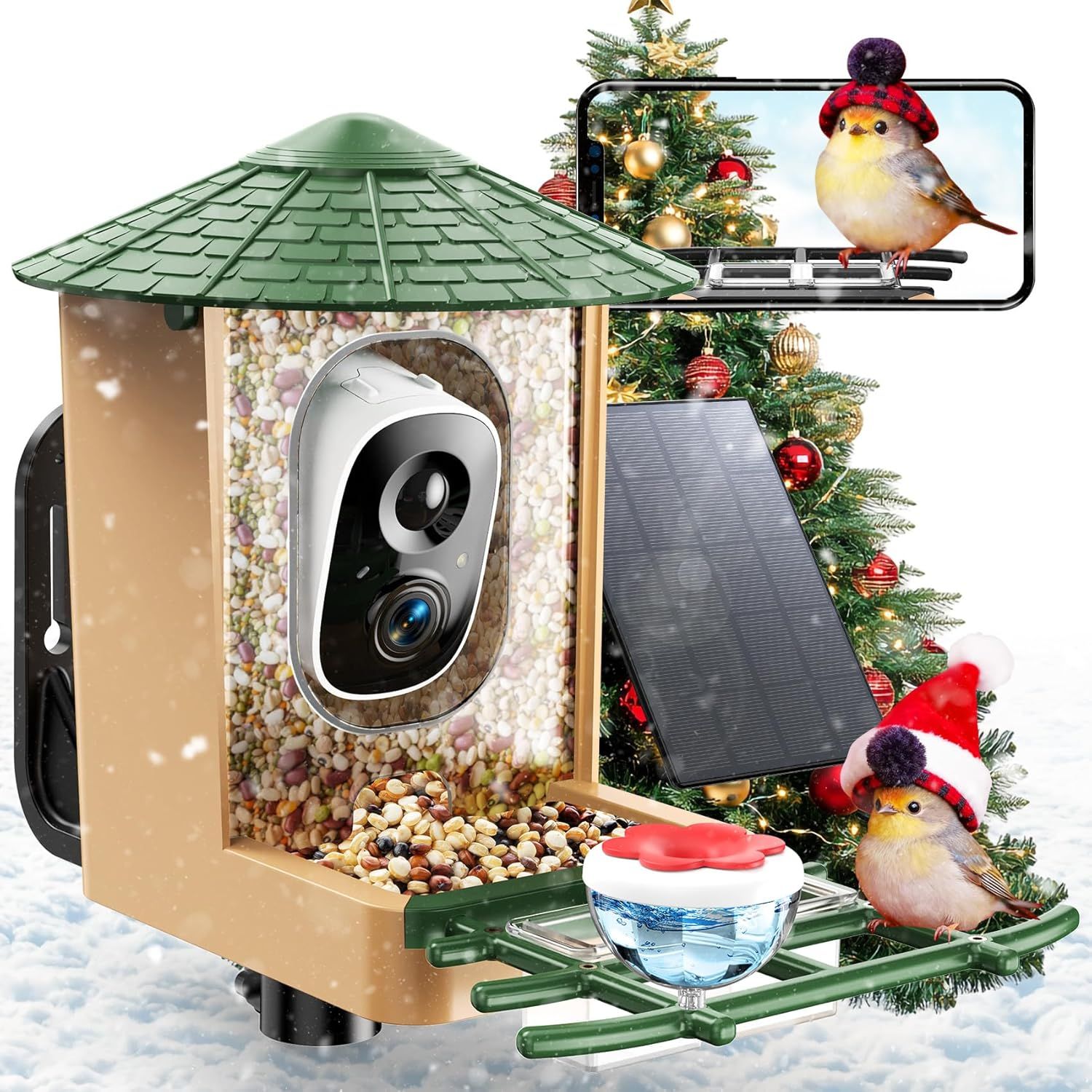 Smart Bird Feeder With Camera With Ai Identify Birds Species &amp;amp; Solar Panel, Wifi Birdfeeder With Cam, 2k Live View, Chew-Proof &amp;amp; Waterproof Design, Real-Time App Alerts, Gift for Bird Lovers, Green