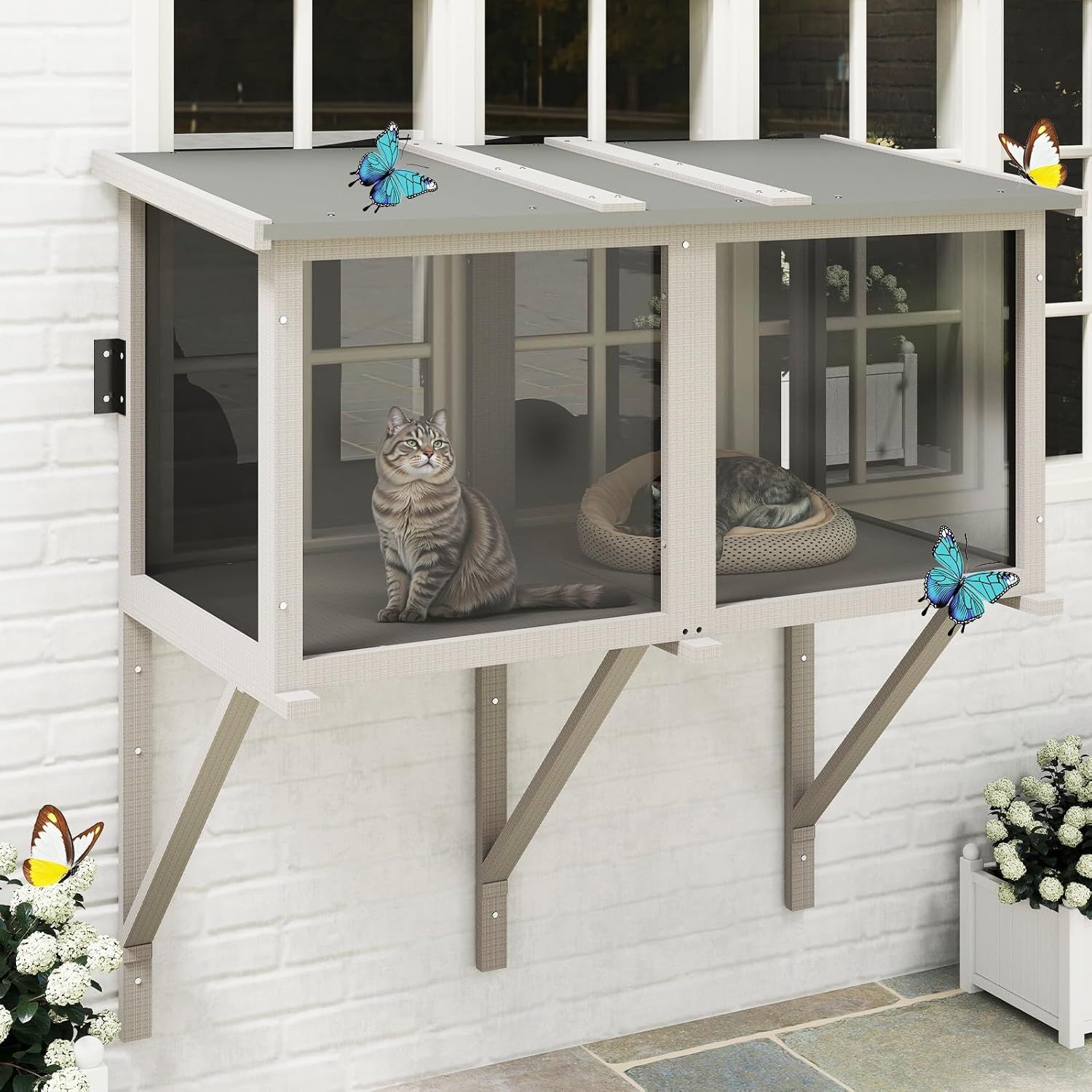 Petscosset Cat Window Box Catio Outdoor Cat Enclosure for Sunbathing, Napping &amp;amp; Bird Watching, Sturdy Window Perch for Indoor Cats for Apartments, Keeps Insects Out, All-Weather Use, Grey