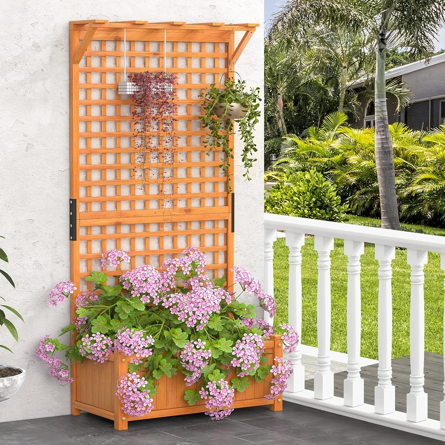 S Afstar Raised Garden Bed With Trellis, Wood Elevated Planter Box With Hanging Roof &amp;amp; Climbing Trellis, 4 Drainage Holes, 72.5&quot; Tall Freestanding Planter Container for Vine Climbing Plants Flowers