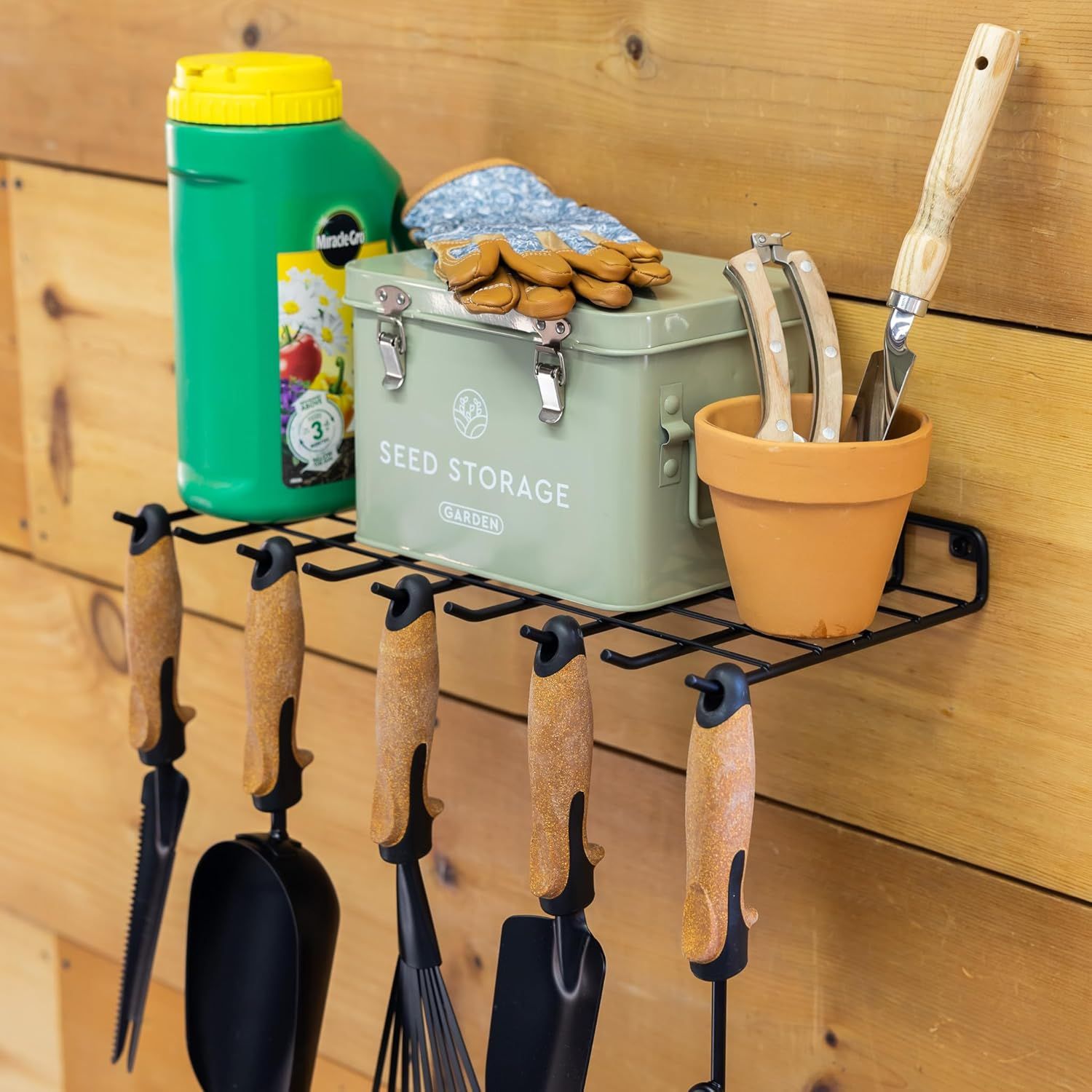 Storeyourboard Gardening Hand Tools Organizer, Wall Mount Storage Shelf for Garden Scissors, Hand Pruners, Plant Shears, Tree Cutter, Gardening Shears, and Garden Supplies, Holds 40 Lbs