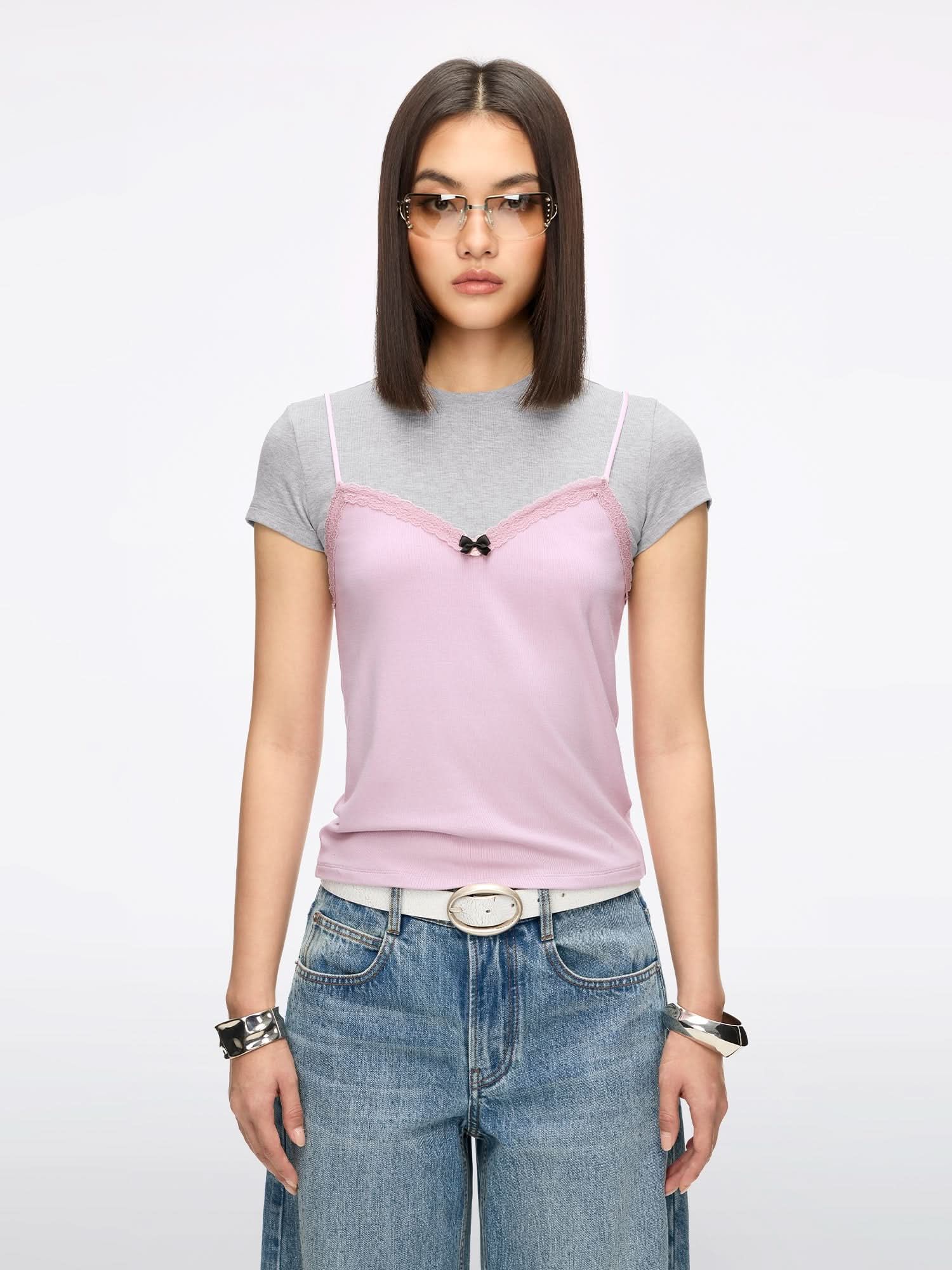 Faux Layered Lace T-Shirt - Dust Pink / Xs