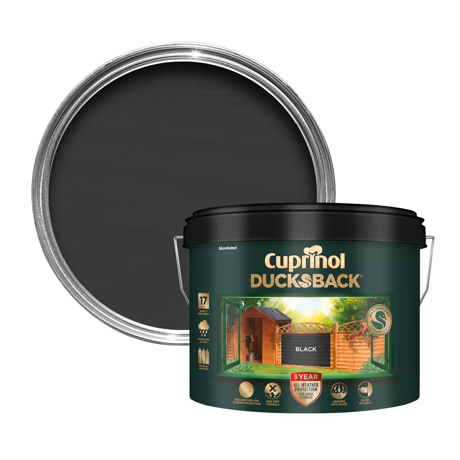 Cuprinol Ducksback Black Matt Multi-Surface Exterior Shed &amp;amp; Fence Treatment Wood Paint, 9l Tin